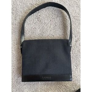 lauren ralph lauren Nylon Shoulder Bag Purse Black Canvas Leather Strap Flapover